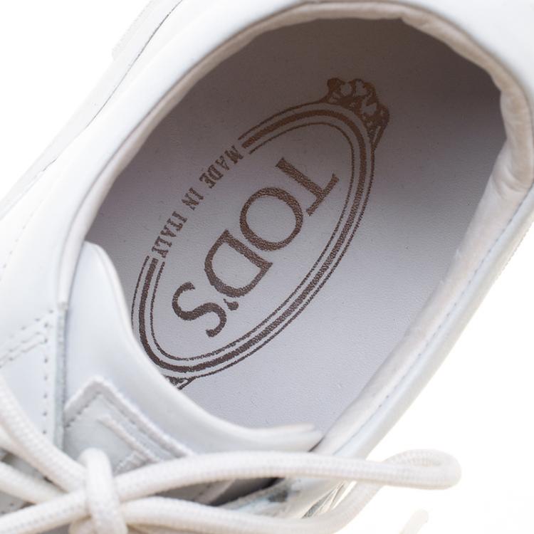 Pre Owned Tod's White Leather Embroidery Stitch Panel Lace Up Sneakers Size 39.5