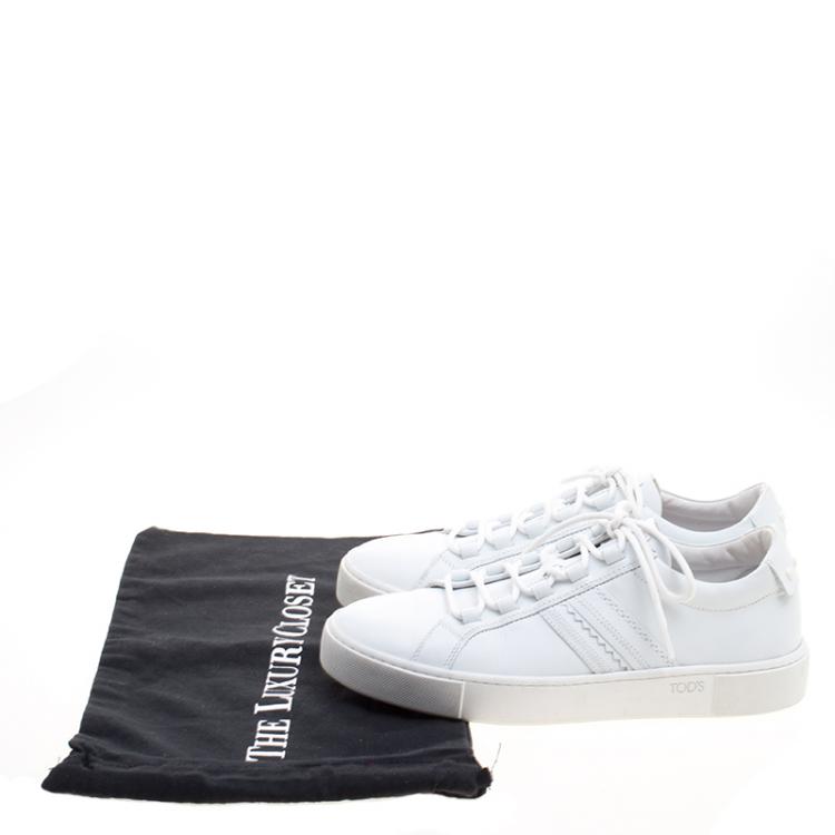 Pre Owned Tod's White Leather Embroidery Stitch Panel Lace Up Sneakers Size 39.5