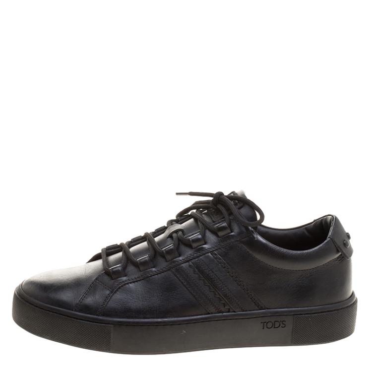 Pre Owned Tod's Black Leather Embroidery Stitch Panel Lace Up Sneakers Size 39.5