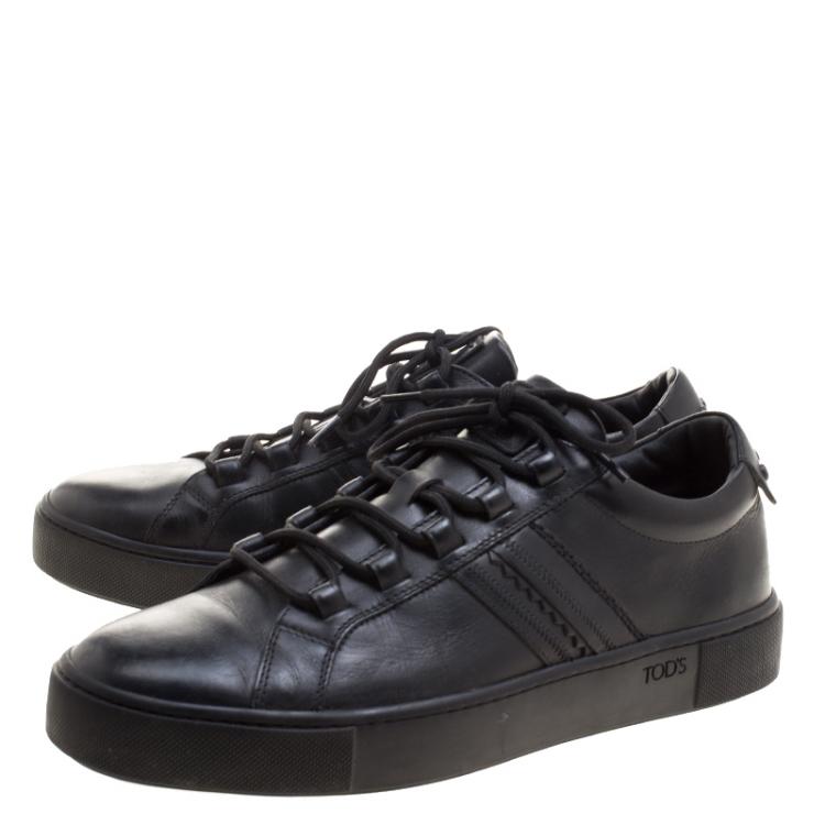 Pre Owned Tod's Black Leather Embroidery Stitch Panel Lace Up Sneakers Size 39.5