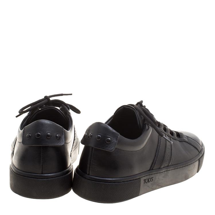 Pre Owned Tod's Black Leather Embroidery Stitch Panel Lace Up Sneakers Size 39.5