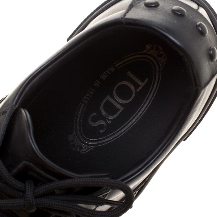 Pre Owned Tod's Black Leather Embroidery Stitch Panel Lace Up Sneakers Size 39.5