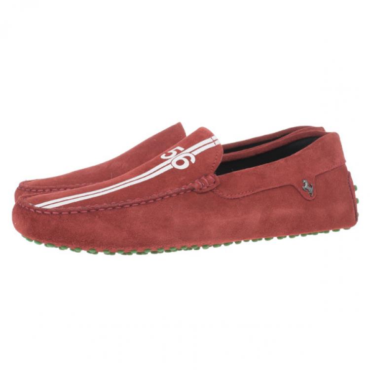 Pre Owned Tod’s for Ferrari Red Suede No.56 Limited Edition Gommino Loafers Size 43