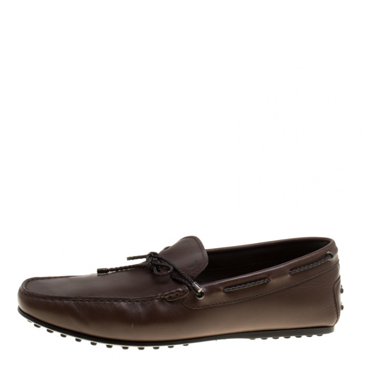 Pre Owned Tod's Brown Leather Braided Bow Loafers Size 44.5