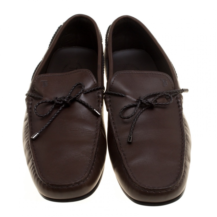 Pre Owned Tod's Brown Leather Braided Bow Loafers Size 44.5