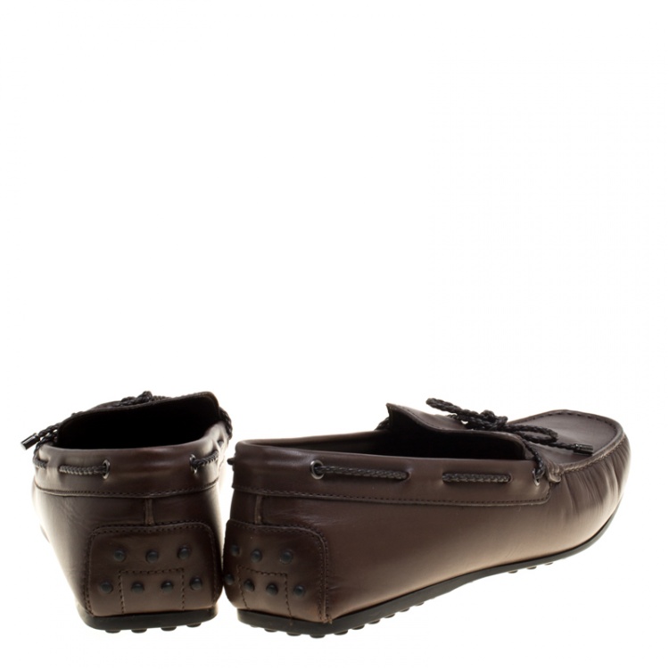 Pre Owned Tod's Brown Leather Braided Bow Loafers Size 44.5