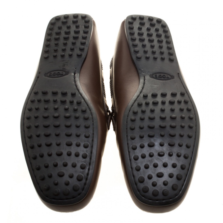 Pre Owned Tod's Brown Leather Braided Bow Loafers Size 44.5