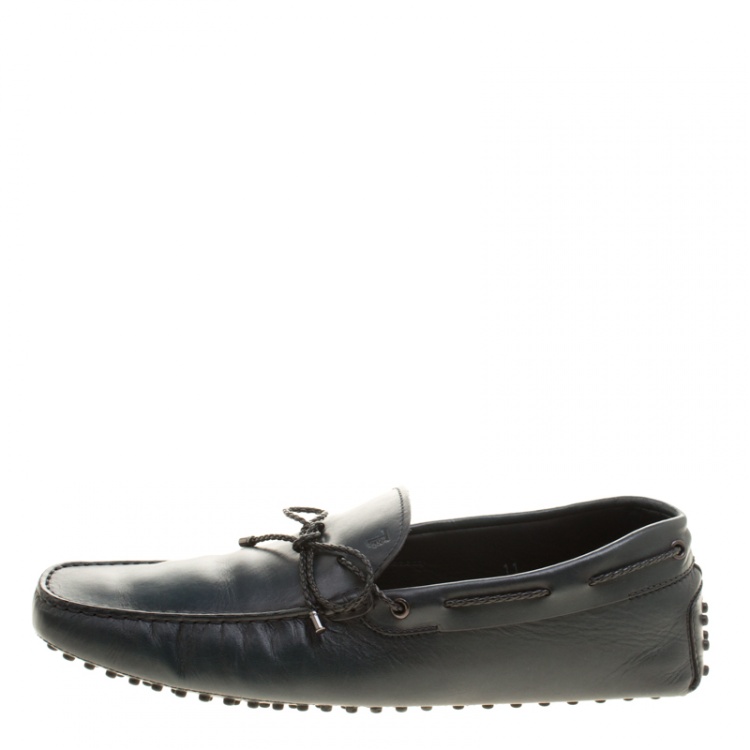 مملوكة مسبقًا Tod's Slate Grey Leather Braided Bow Loafers Size 45.5