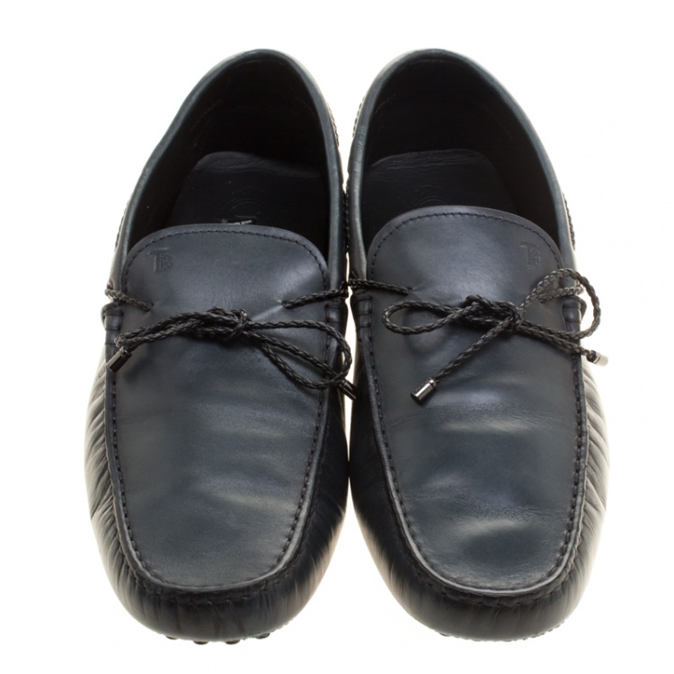 مملوكة مسبقًا Tod's Slate Grey Leather Braided Bow Loafers Size 45.5