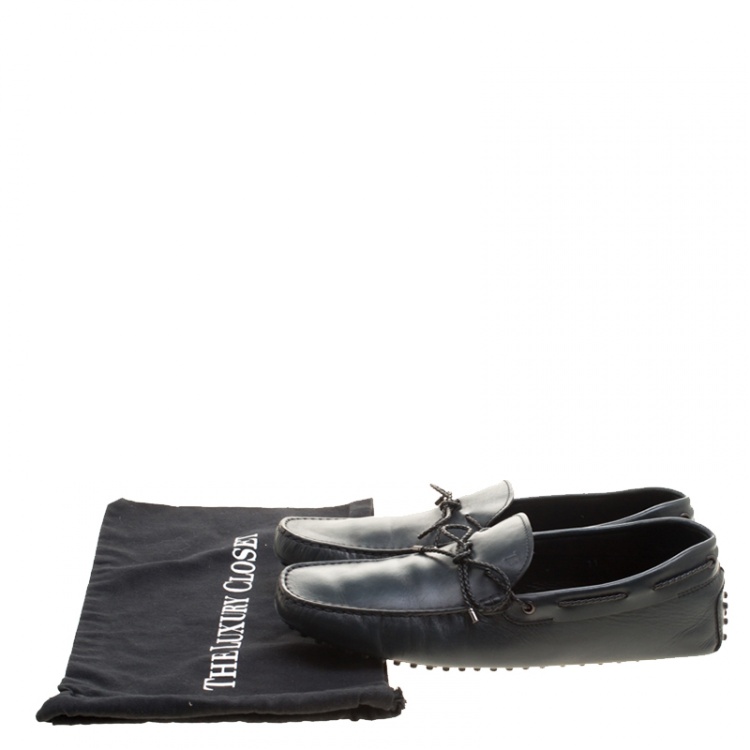 مملوكة مسبقًا Tod's Slate Grey Leather Braided Bow Loafers Size 45.5