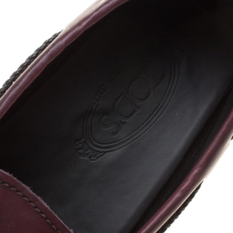 Pre Owned Tod's Maroon Leather Contrast Braided Bow Loafers Size 45.5