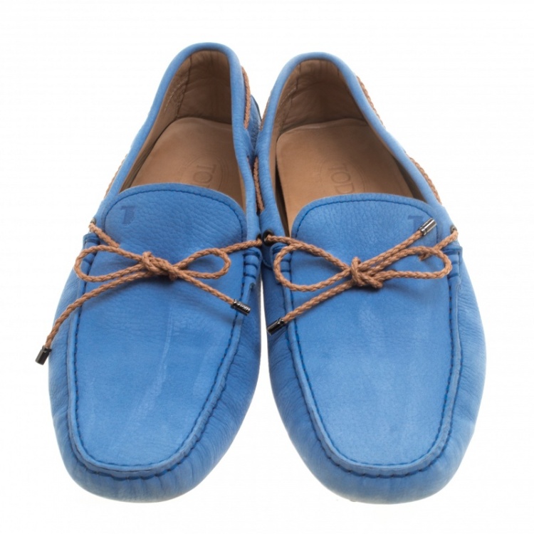Pre Owned Tod's Blue Suede with Contrast Braided Bow Loafers Size 45.5