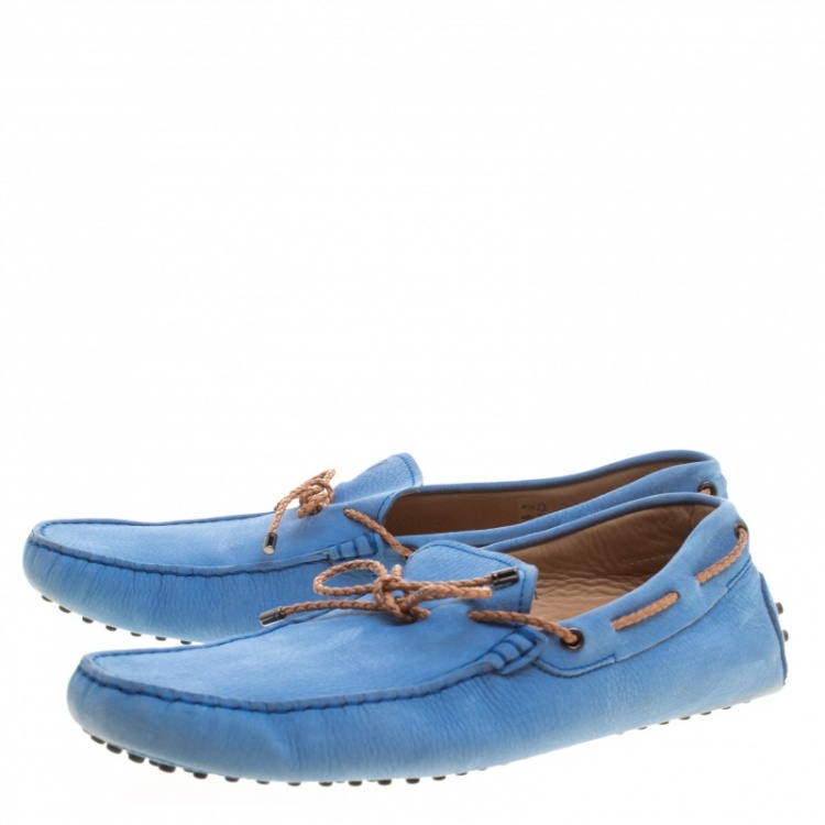 Pre Owned Tod's Blue Suede with Contrast Braided Bow Loafers Size 45.5