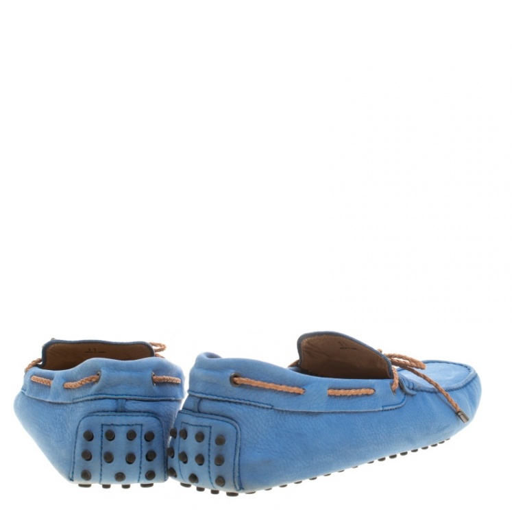 Pre Owned Tod's Blue Suede with Contrast Braided Bow Loafers Size 45.5