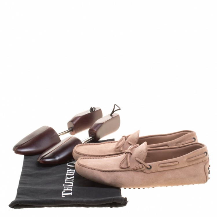 Pre Owned Tod's Pale Pink Suede Bow Detail Driving Loafers Size 42