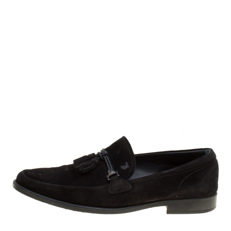 Pre Owned Tod's Black Suede Braided Tassel Loafers Size 42.5