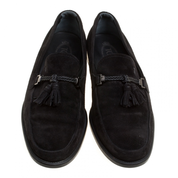 Pre Owned Tod's Black Suede Braided Tassel Loafers Size 42.5