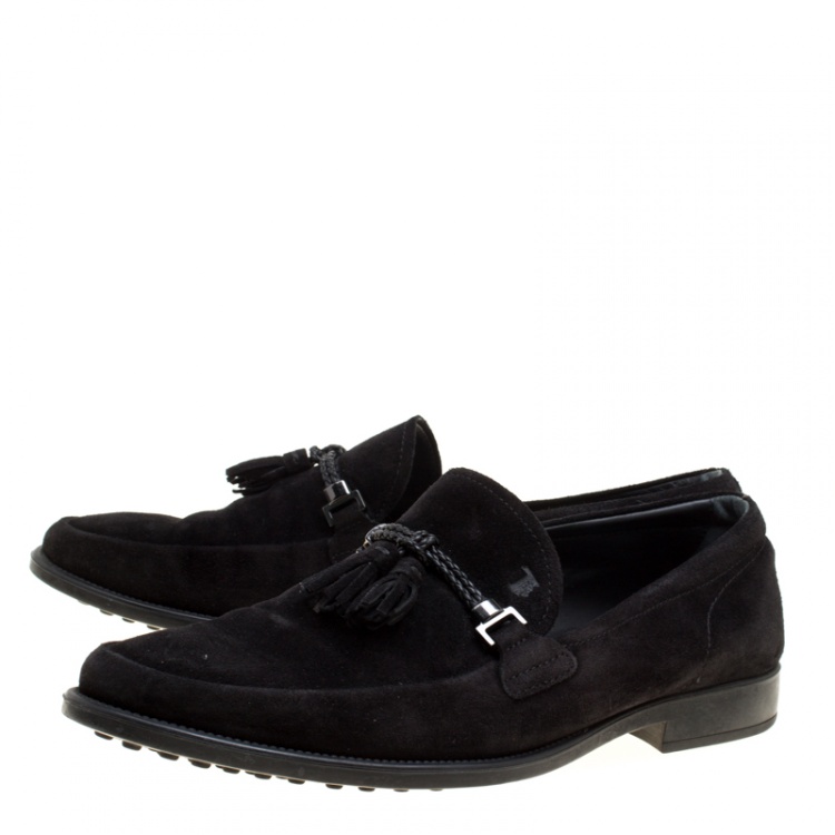 Pre Owned Tod's Black Suede Braided Tassel Loafers Size 42.5