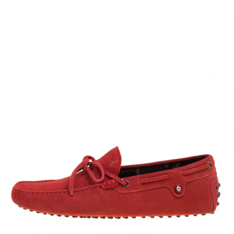 Pre Owned Tod's For Ferrari Red Suede with Camo Print Lining Bow Loafers Size 41.5