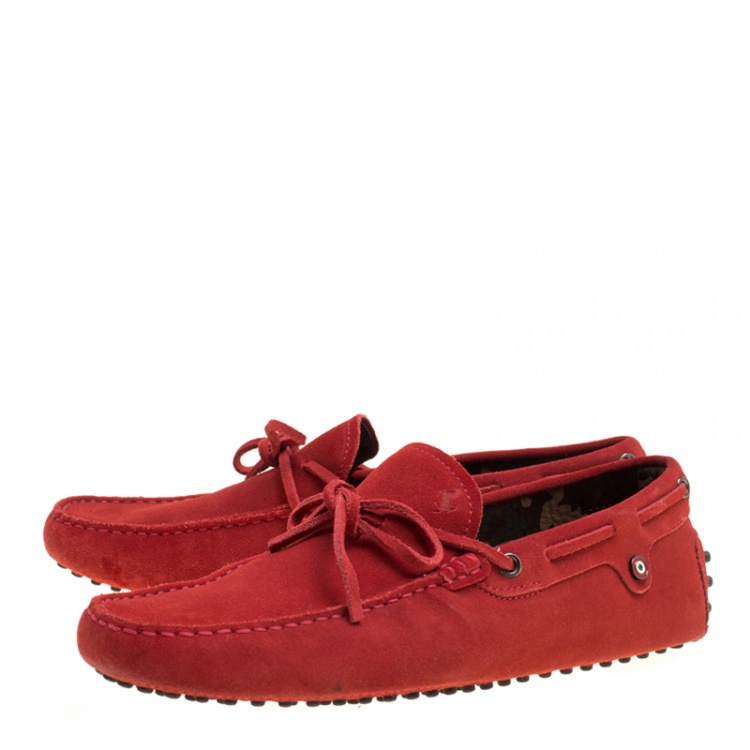 Pre Owned Tod's For Ferrari Red Suede with Camo Print Lining Bow Loafers Size 41.5