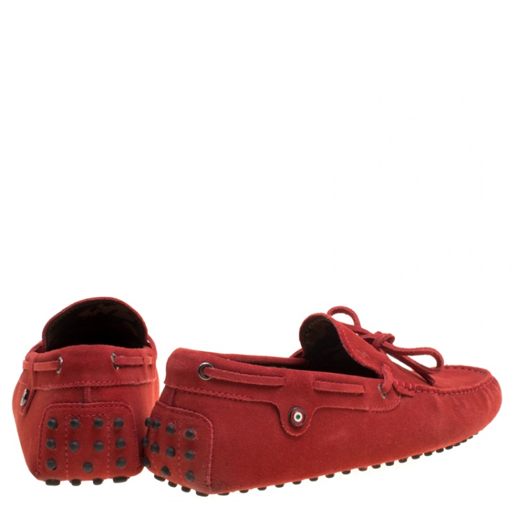 Pre Owned Tod's For Ferrari Red Suede with Camo Print Lining Bow Loafers Size 41.5