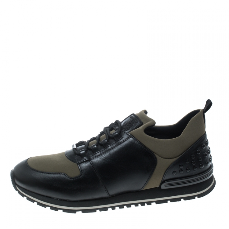 Pre Owned  Tod's Khaki Green/Black Knit Fabric and Leather Pebbled Heel Slip On Sneakers Size 42