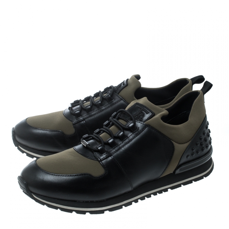 Pre Owned  Tod's Khaki Green/Black Knit Fabric and Leather Pebbled Heel Slip On Sneakers Size 42