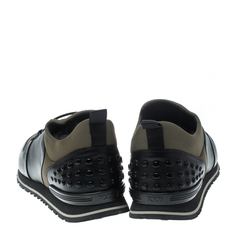 Pre Owned  Tod's Khaki Green/Black Knit Fabric and Leather Pebbled Heel Slip On Sneakers Size 42