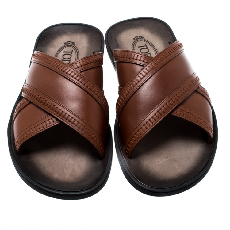 Pre Owned Tod's Brown Leather Crossed Strap Slider Sandals Size 42