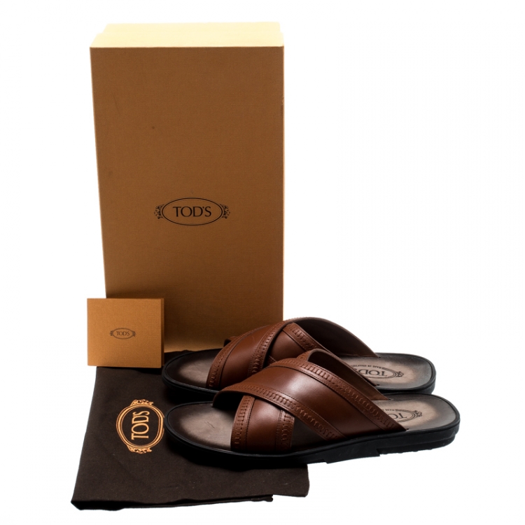 Pre Owned Tod's Brown Leather Crossed Strap Slider Sandals Size 42