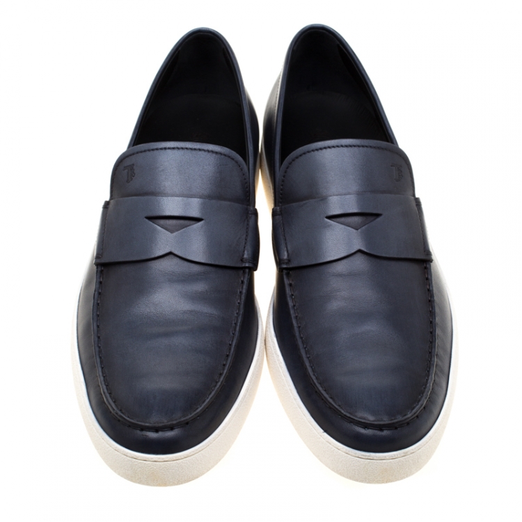 Pre Owned Tod's Blue Leather Penny Boat Slip On Sneakers Size 47