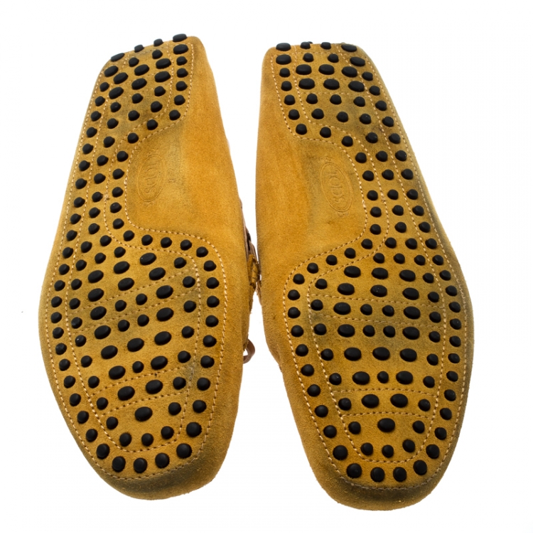 Pre Owned Tod's Yellow Suede And Beige Leather Trim Bow Loafers Size 42.5