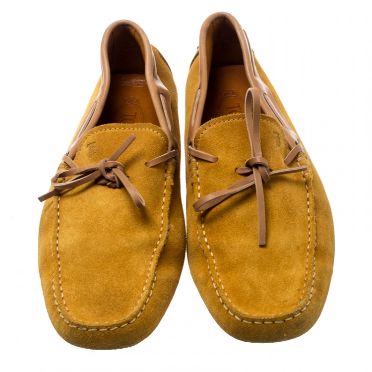 Pre Owned Tod's Yellow Suede And Beige Leather Trim Bow Loafers Size 42.5