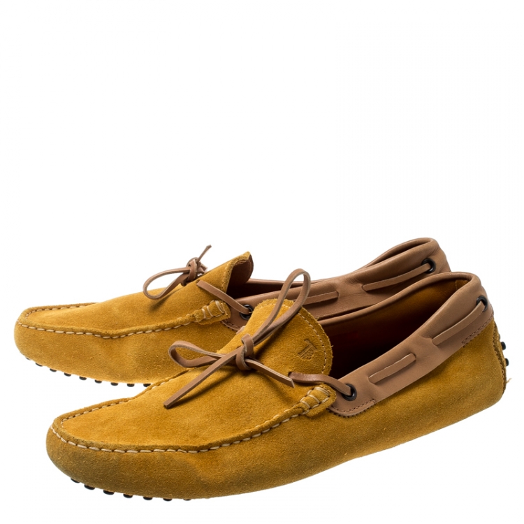 Pre Owned Tod's Yellow Suede And Beige Leather Trim Bow Loafers Size 42.5