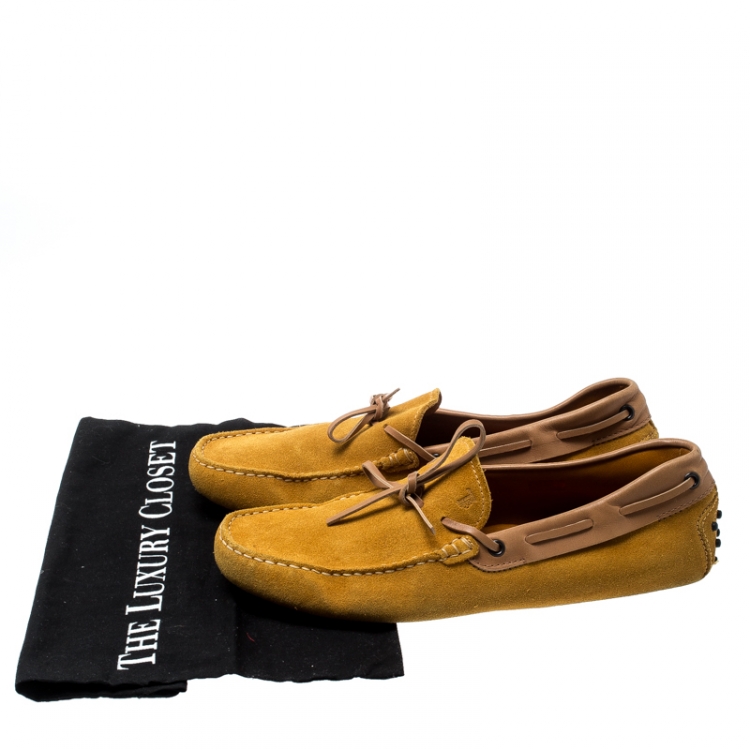 Pre Owned Tod's Yellow Suede And Beige Leather Trim Bow Loafers Size 42.5