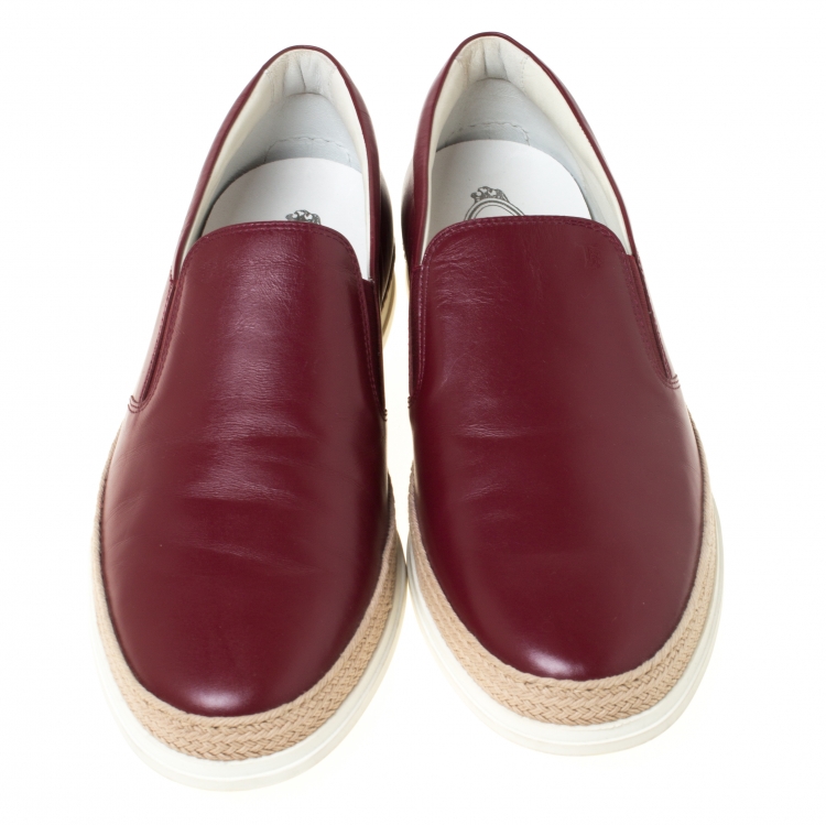 Pre Owned Tod's Burgundy Leather Slip On Espadrilles Sneakers Size 43
