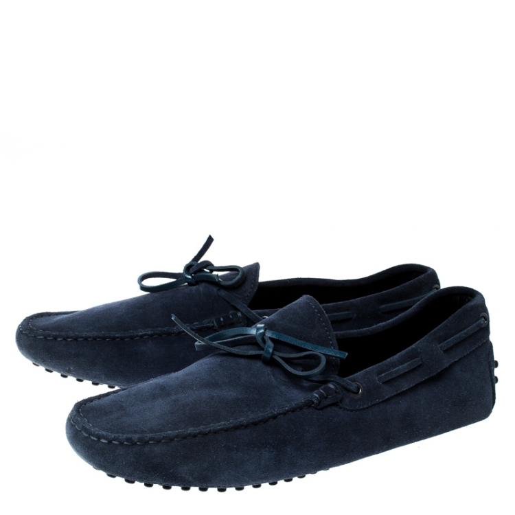 Pre Owned Tod's Blue Suede Leather Bow Slip On Loafers Size 42.5