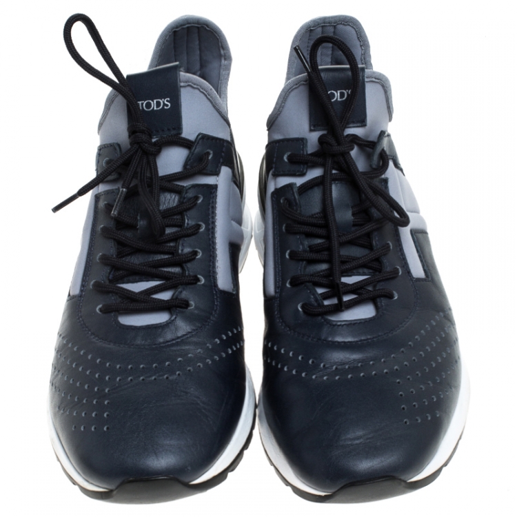 Pre Owned Tod's Blue Leather And Fabric Lace Up Sneakers Size 41