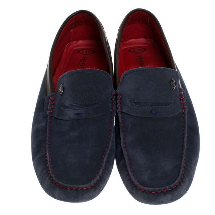 Pre Owned Tod's for Ferrari Navy Blue/Brown Suede Slip On Loafers Size 44.5
