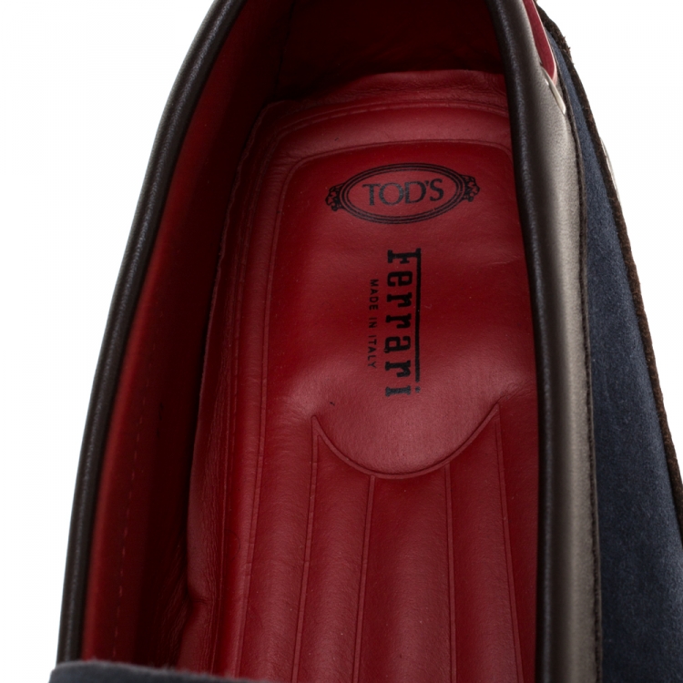 Pre Owned Tod's for Ferrari Navy Blue/Brown Suede Slip On Loafers Size 44.5