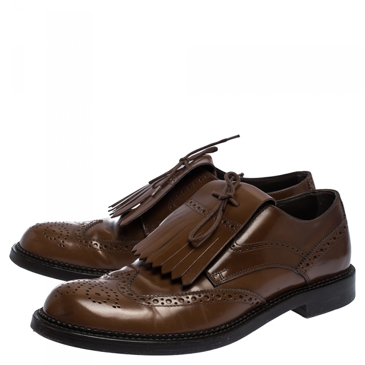 Pre Owned Tod's Brown Leather Fringe Lace Bow Brogue Derby Size 42.5