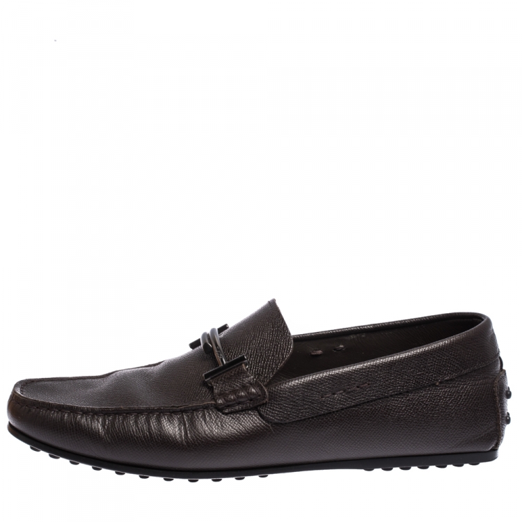 مملوكة مسبقًا Tod's Brown Textured Leather T-Bar Loafers Size 42.5