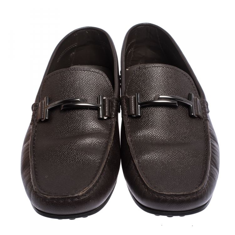 مملوكة مسبقًا Tod's Brown Textured Leather T-Bar Loafers Size 42.5