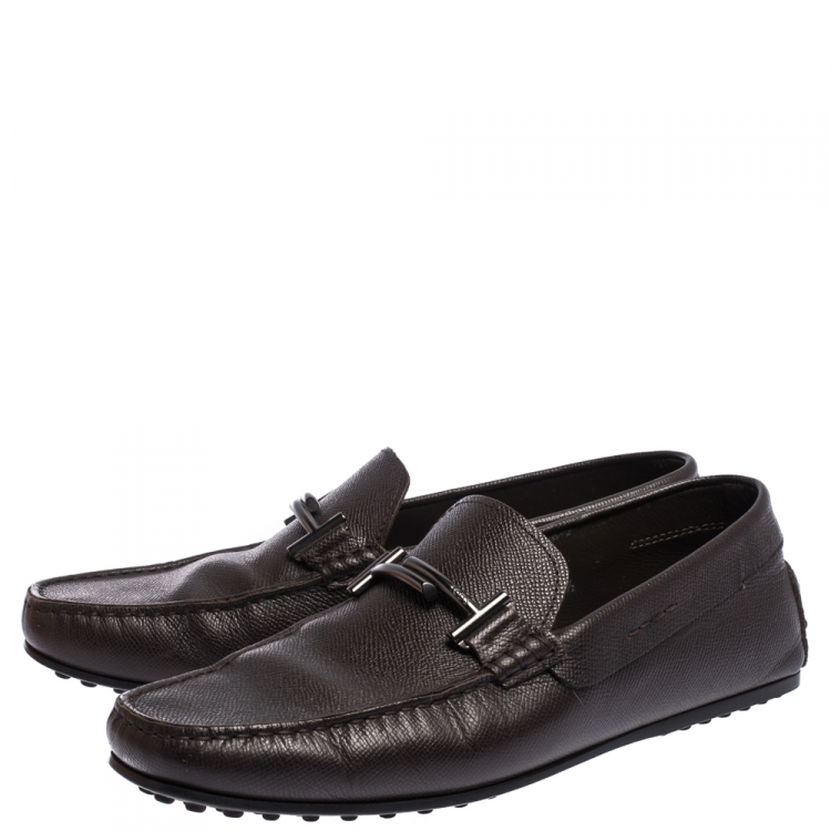 مملوكة مسبقًا Tod's Brown Textured Leather T-Bar Loafers Size 42.5