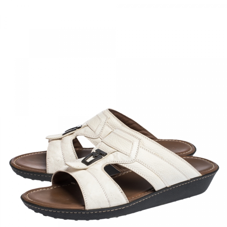Pre Owned Tod's White Leather And Ostrich Embossed Trim Platform Slide Sandals Size 44.5