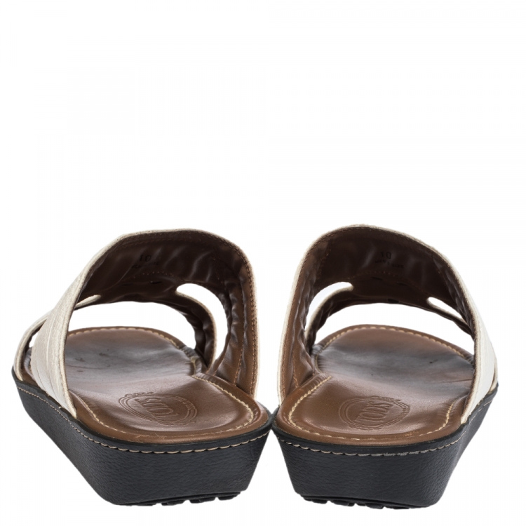 Pre Owned Tod's White Leather And Ostrich Embossed Trim Platform Slide Sandals Size 44.5