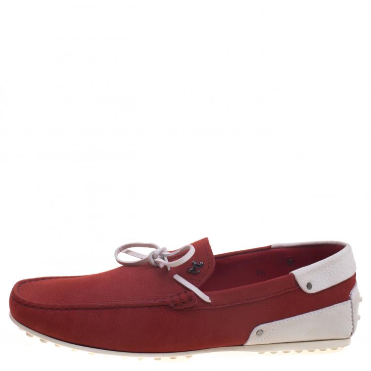 Pre Owned Tod's For Ferrari Red and White Leather Bow Loafers Size 42.5