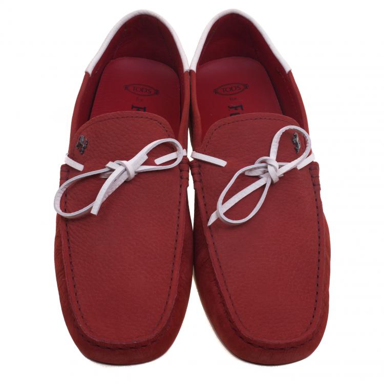 Pre Owned Tod's For Ferrari Red and White Leather Bow Loafers Size 42.5