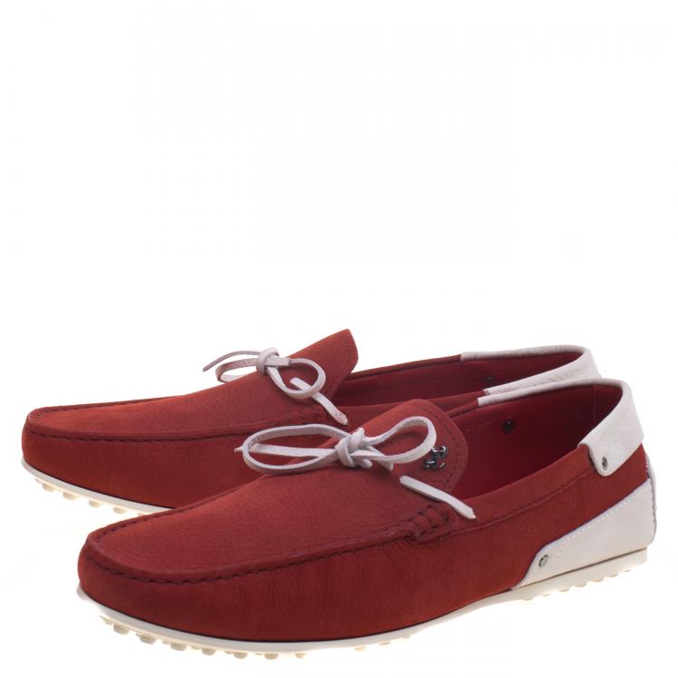 Pre Owned Tod's For Ferrari Red and White Leather Bow Loafers Size 42.5