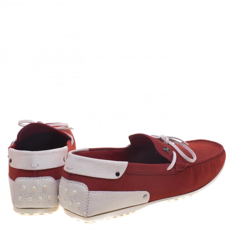 Pre Owned Tod's For Ferrari Red and White Leather Bow Loafers Size 42.5